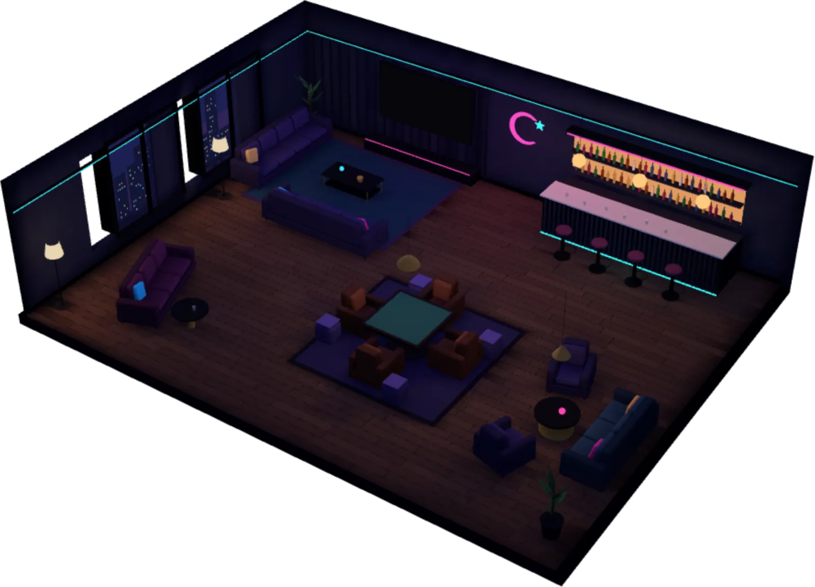 Mor ve turkuaz neon ışıklı gece lounge'ı: koltuk takımları, bar tezgâhı ve ortada oyun masası.
